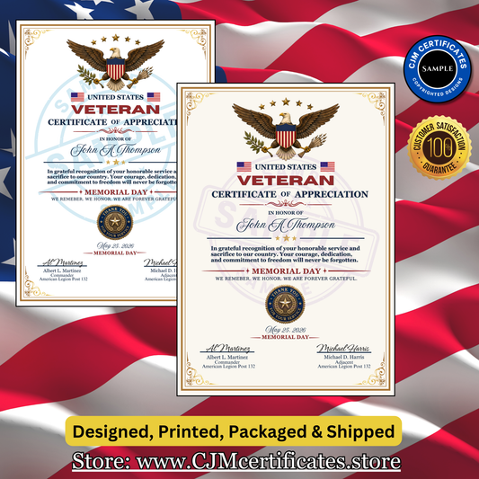 Memorial Day Veteran Certificates-Designed for You-Scripted Name Certificate-Fast Shipping