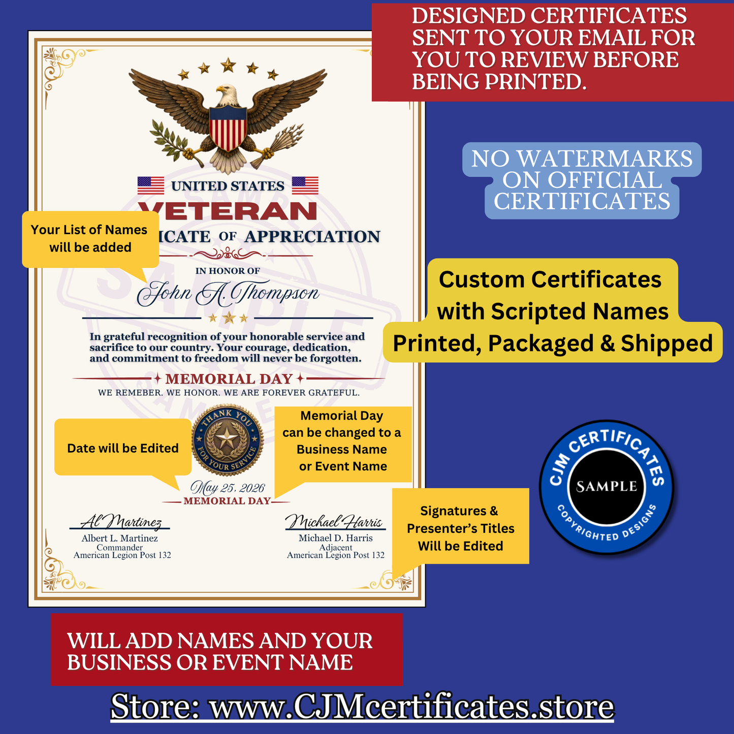 Memorial Day Veteran Certificates-Designed for You-Up to 10 Scripted Names-Fast Shipping