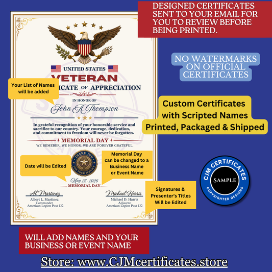 Memorial Day Veteran Certificates-Designed for You-Scripted Name Certificate-Fast Shipping