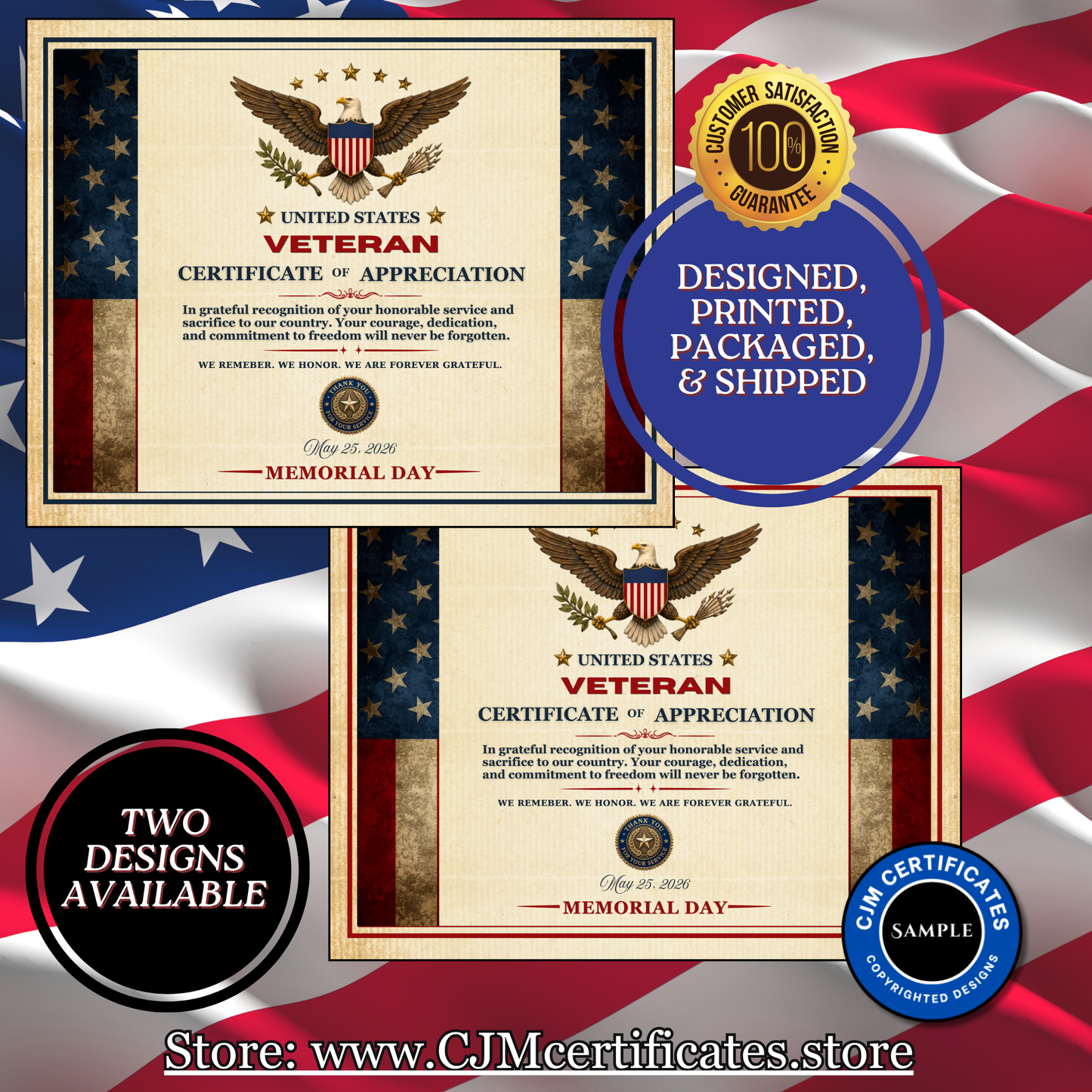 Memorial Day Veteran Certificates-Designed for You-Up to 10 Scripted Names-Fast Shipping