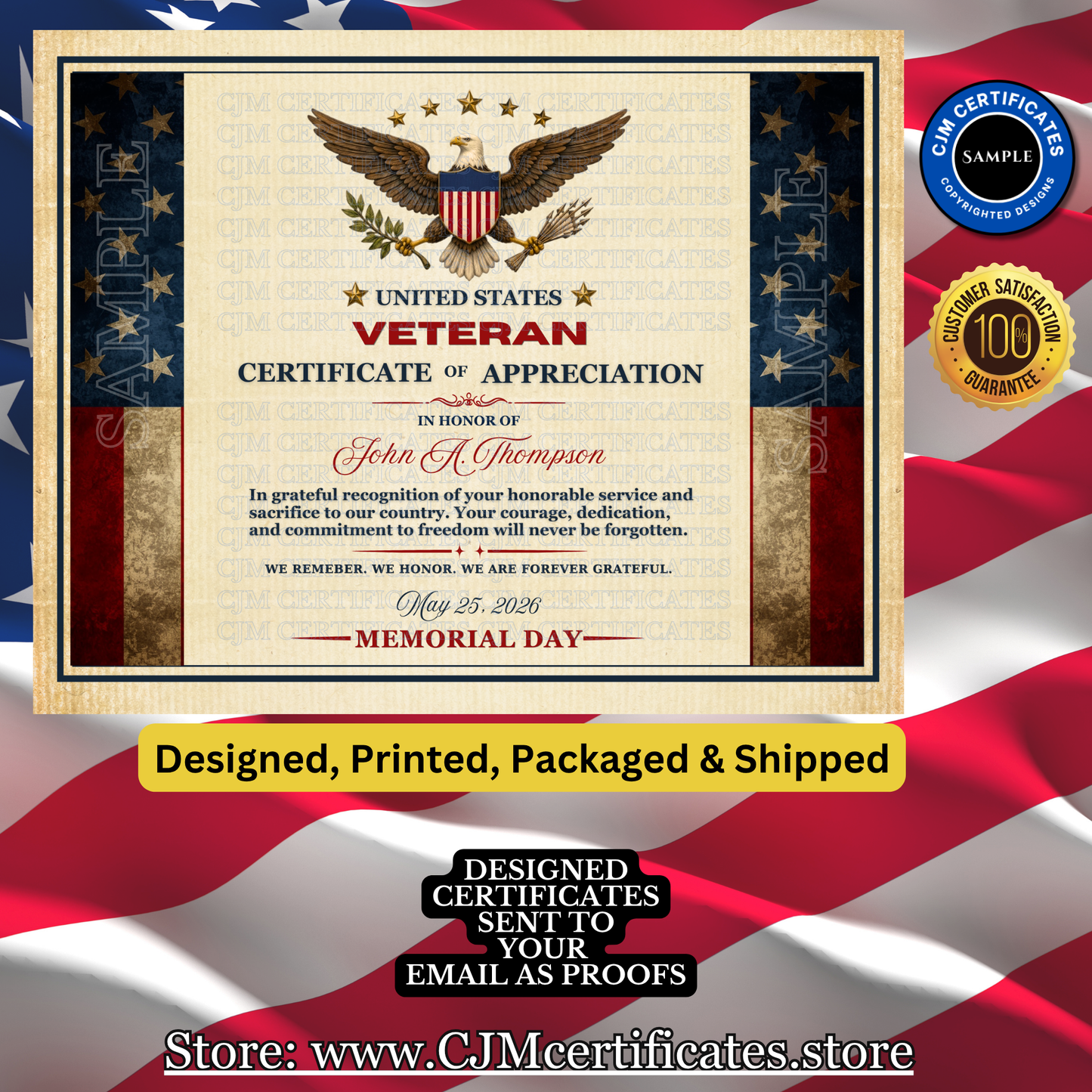 Memorial Day Veteran Certificates-Designed for You-Up to 10 Scripted Names-Fast Shipping