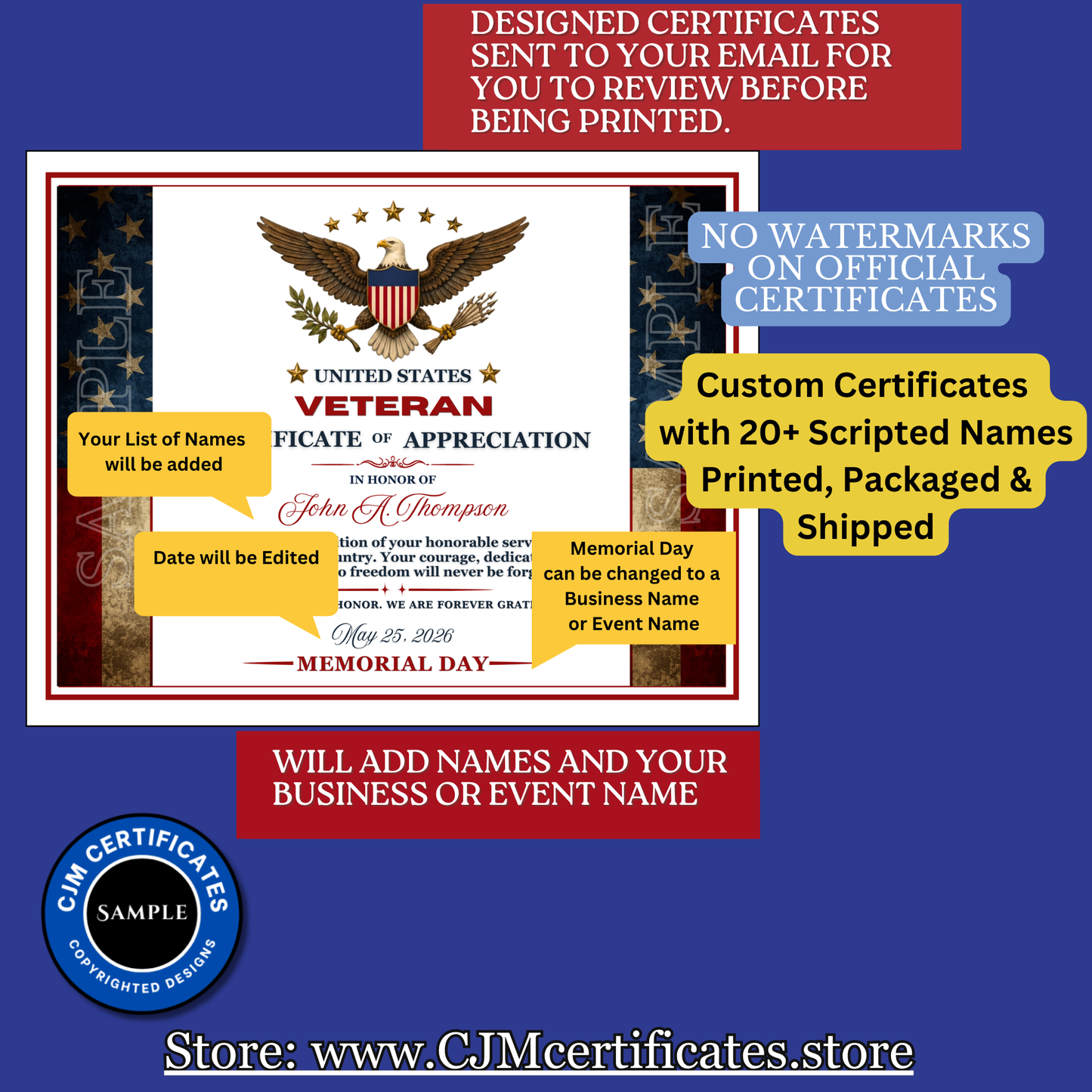 Memorial Day Veteran Certificates-Designed for You-Up to 10 Scripted Names-Fast Shipping