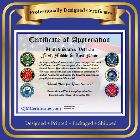 P03 Printed Veterans Day Certificates