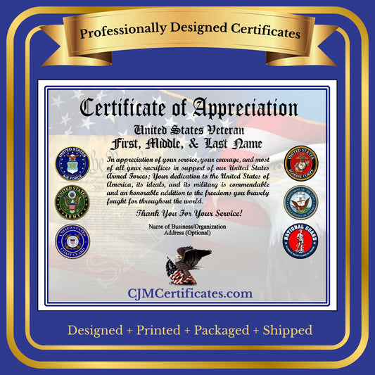 Business Veteran Appreciation Certificates D1