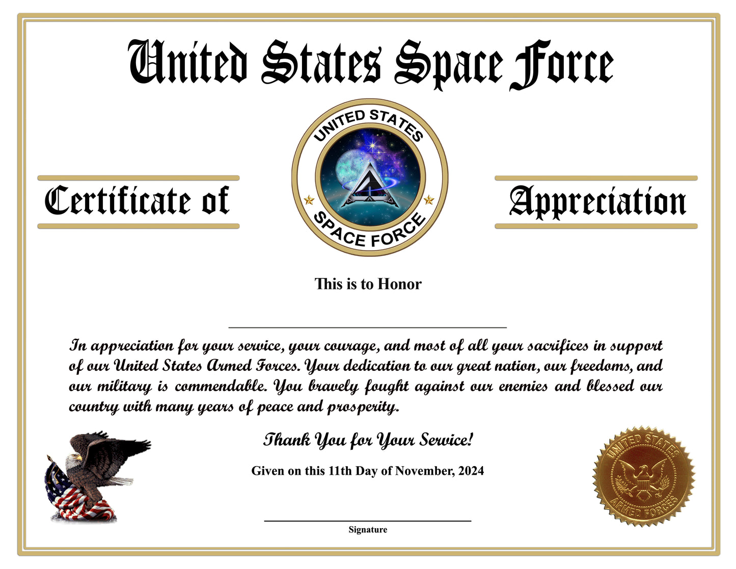 Space Force Veteran Appreciation Certificates