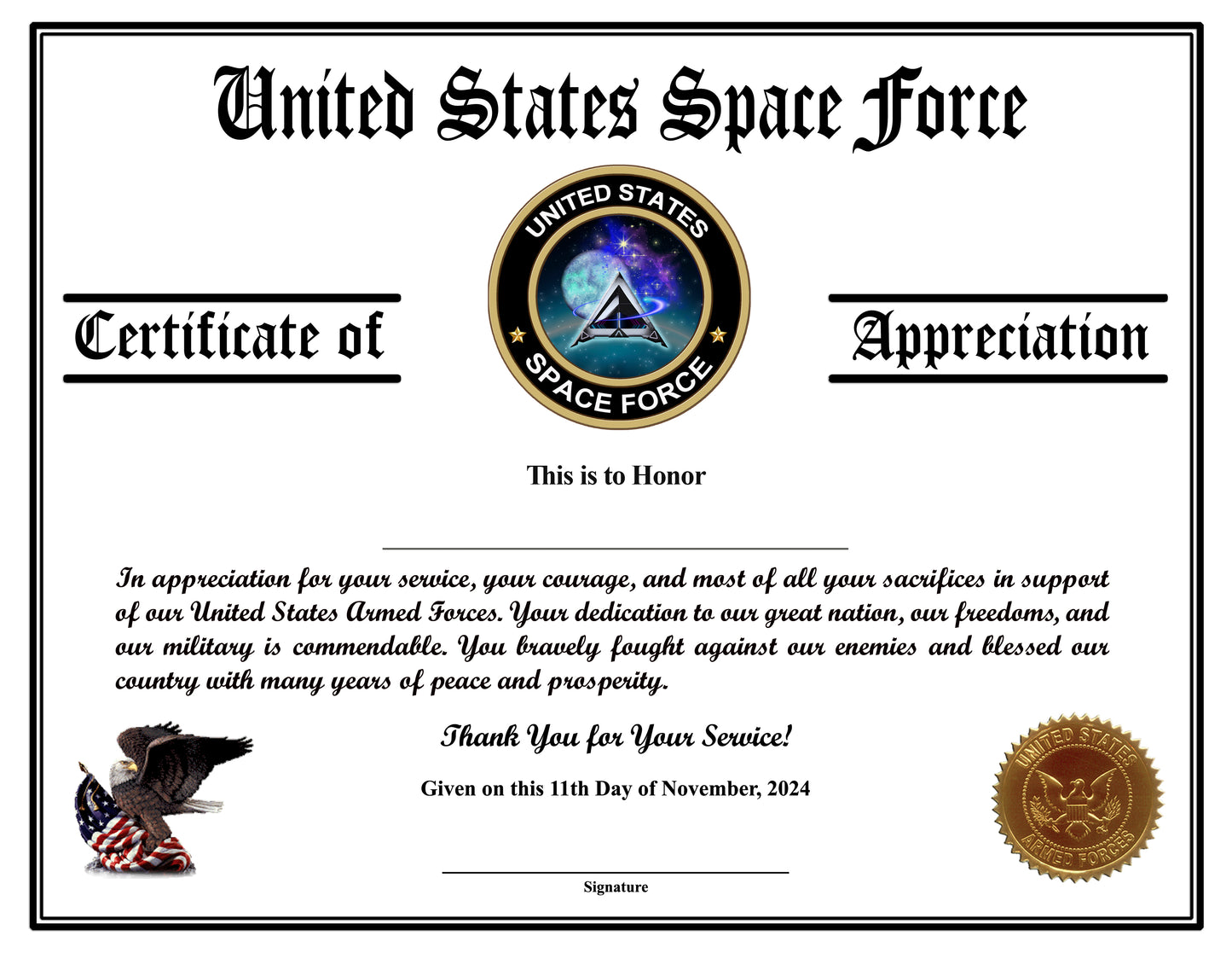 Space Force Veteran Appreciation Certificates