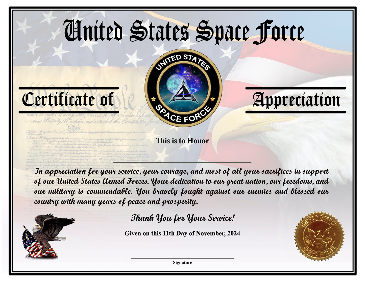 Space Force Veteran Appreciation Certificates