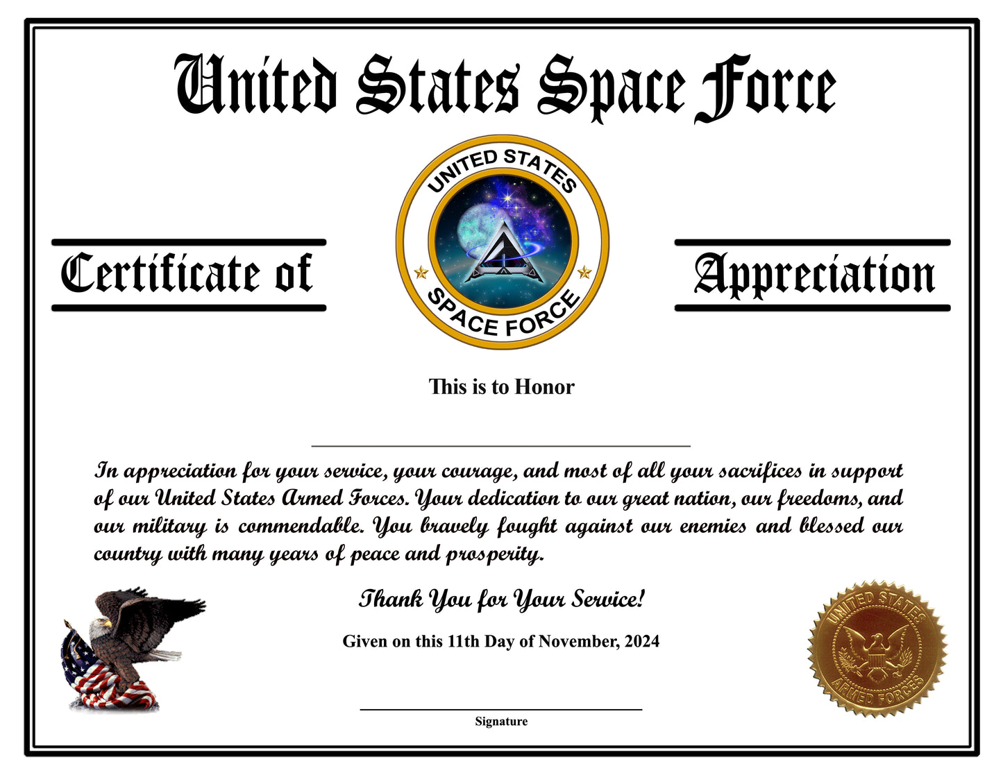 Space Force Veteran Appreciation Certificates