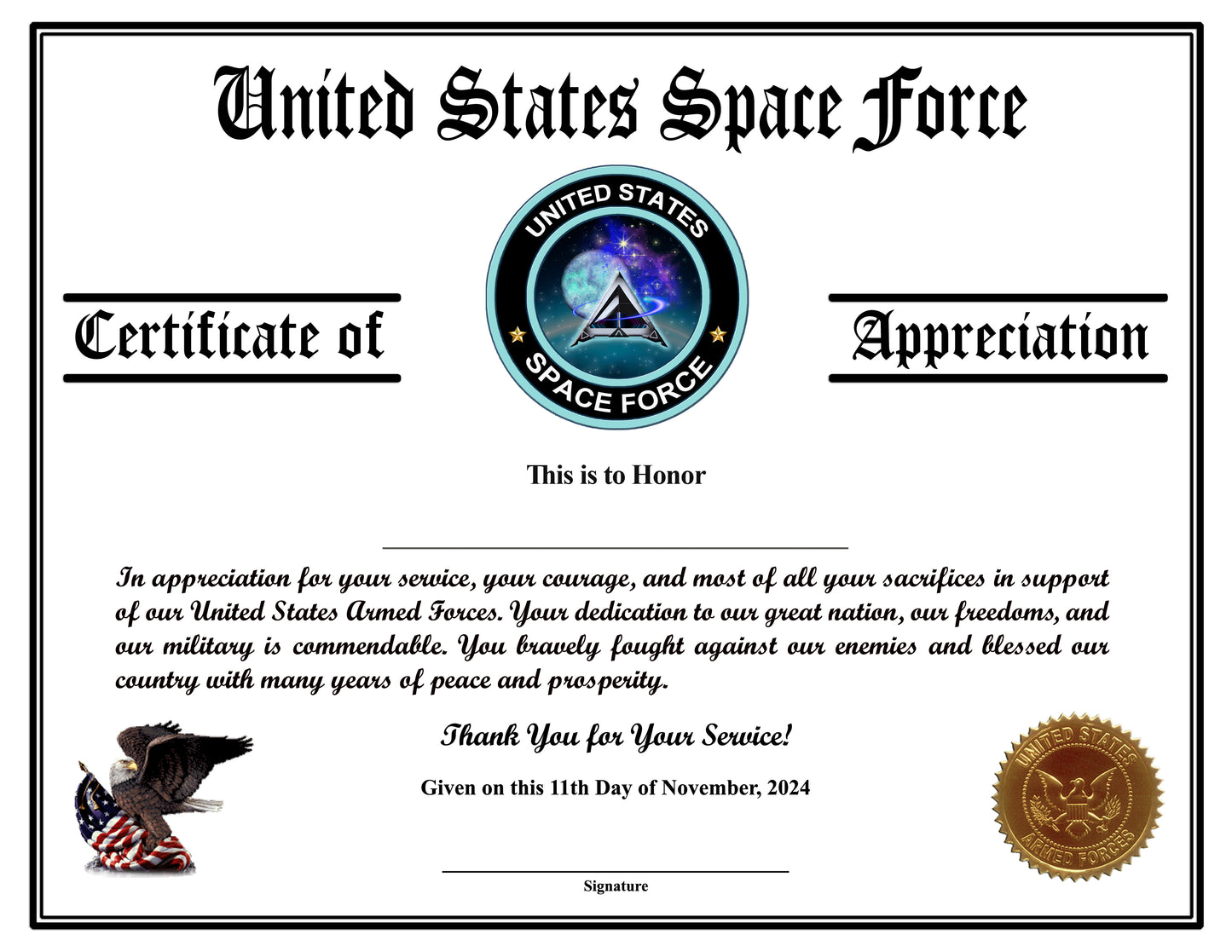 Space Force Veteran Appreciation Certificates