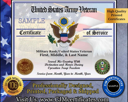 A sample image of a personalized U.S. Army Veteran Certificate of Service