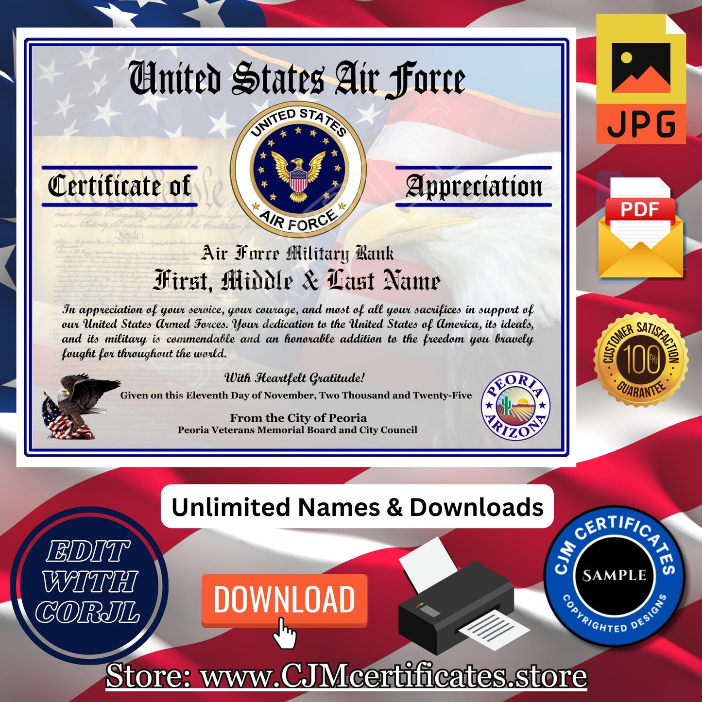 100+ Veteran Certificates of Appreciation Pack: Veterans Day, All Branches, Unlimited Names, Self-Design (PDF/JPG) D1