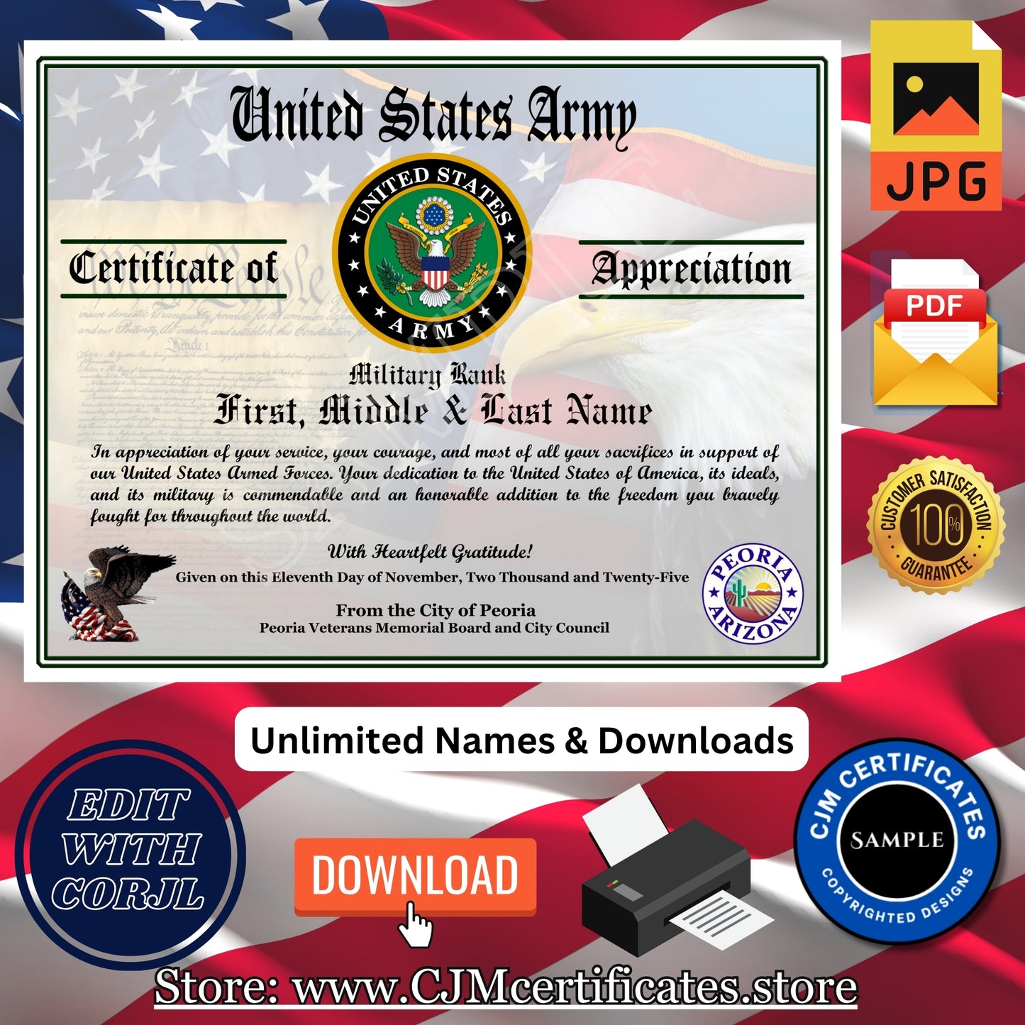 100+ Veteran Certificates of Appreciation Pack: Veterans Day, All Branches, Unlimited Names, Self-Design (PDF/JPG) D1