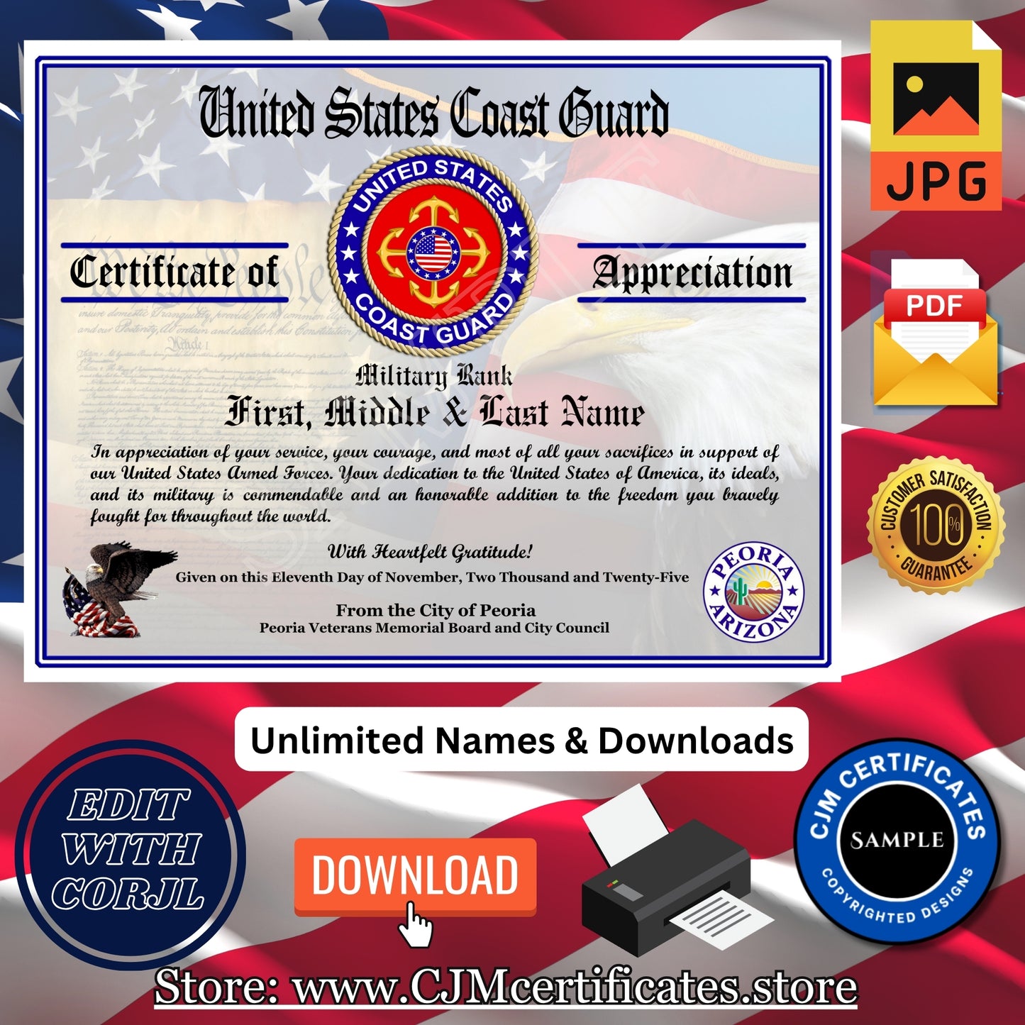100+ Veteran Certificates of Appreciation Pack: Veterans Day, All Branches, Unlimited Names, Self-Design (PDF/JPG) D1