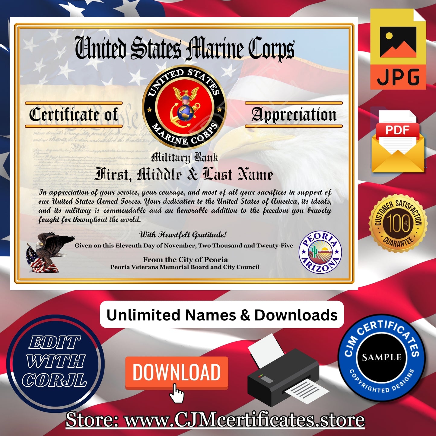 100+ Veteran Certificates of Appreciation Pack: Veterans Day, All Branches, Unlimited Names, Self-Design (PDF/JPG) D1