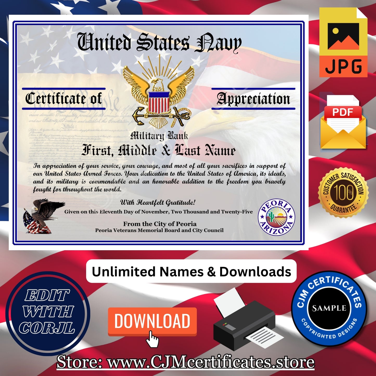 100+ Veteran Certificates of Appreciation Pack: Veterans Day, All Branches, Unlimited Names, Self-Design (PDF/JPG) D1