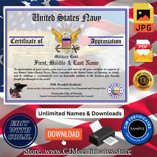 100+ Veteran Certificates of Appreciation Pack: Veterans Day, All Branches, Unlimited Names, Self-Design (PDF/JPG) D1