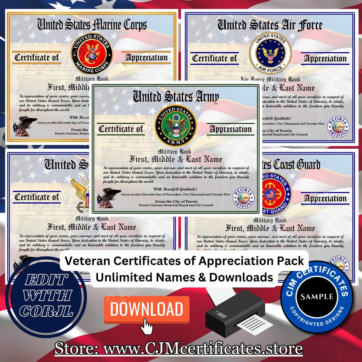 100+ Veteran Certificates of Appreciation Pack: Veterans Day, All Branches, Unlimited Names, Self-Design (PDF/JPG) D1