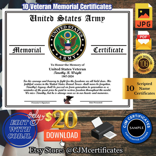 Veteran Memorial Certificates D2-10 Certificates Pack