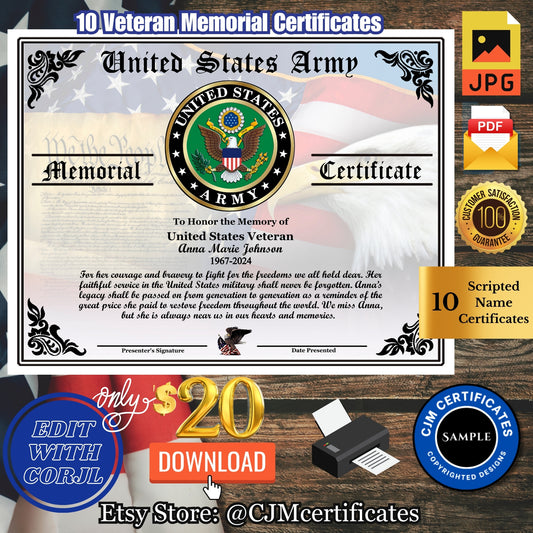 Veteran Memorial Certificates D3-10 Pack