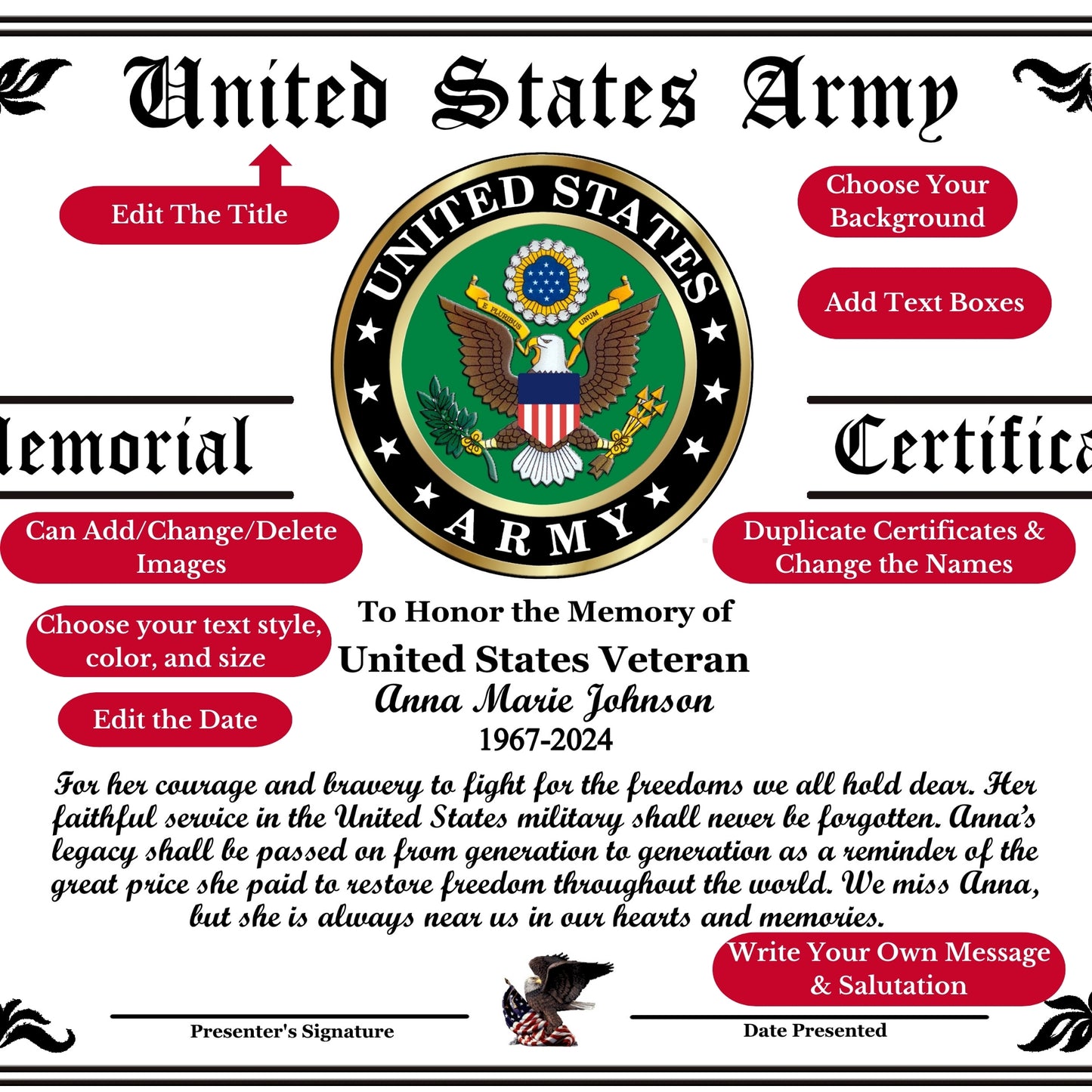 Veteran Memorial Certificates D4-10 Pack