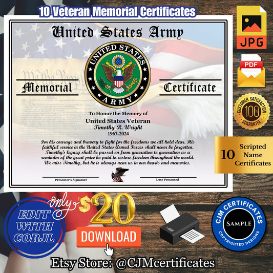 Veteran Memorial Certificates-10 Pack