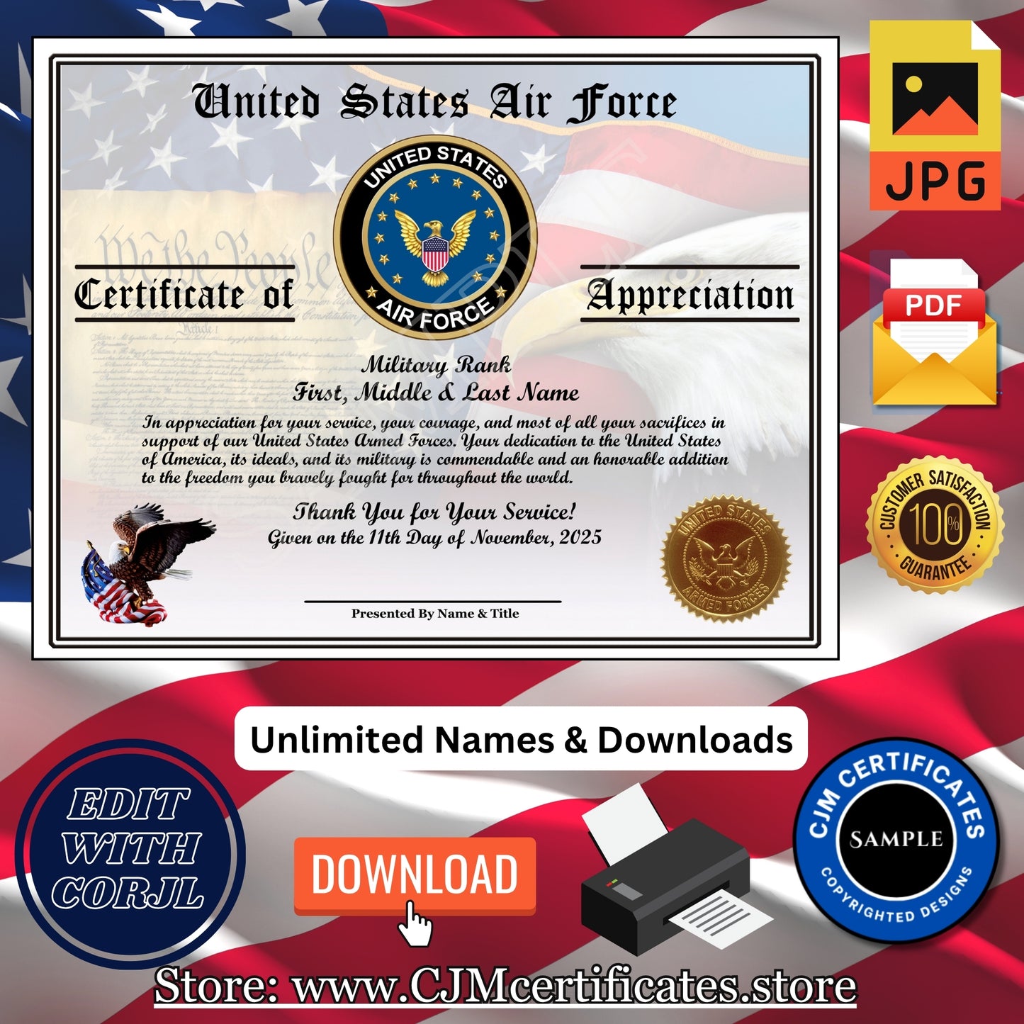 Custom Veteran Certificates Pack for Veterans Day Gifts: Edit & Download 003