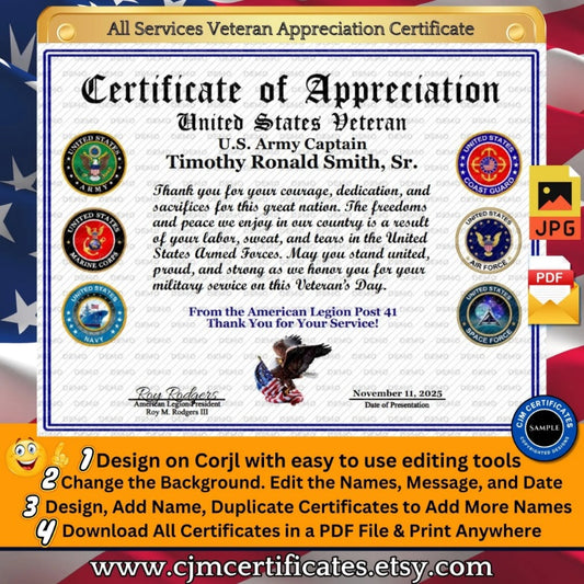 Custom Veteran Certificates: (2 Designs Attached) Edit & Download 018