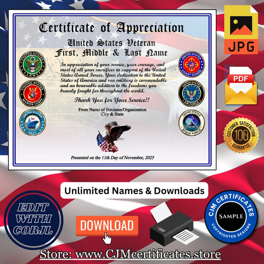 Custom Veteran Certificates for Veterans Day Gifts: Edit & Download 042