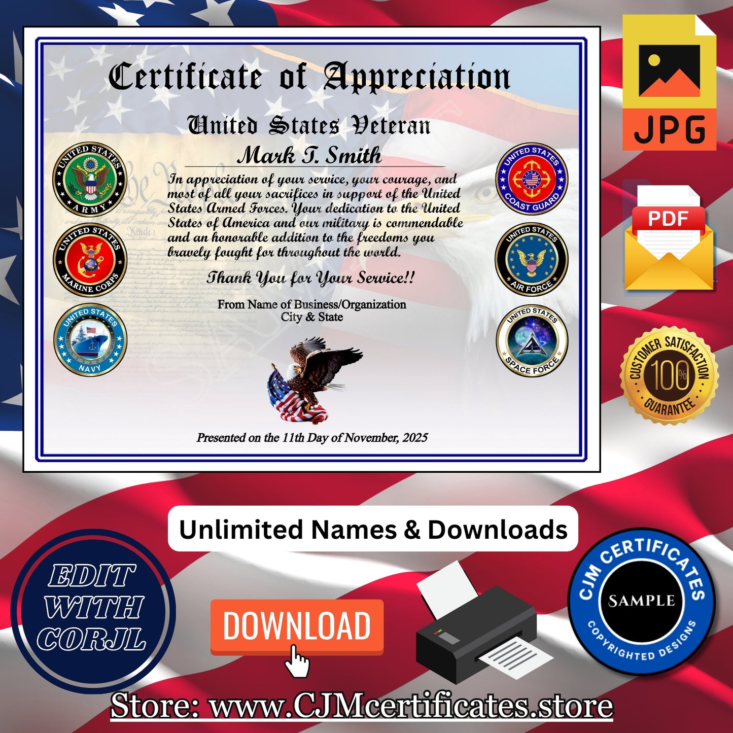 Custom Veteran Appreciation Certificates for Veterans Day: Edit & Download 056