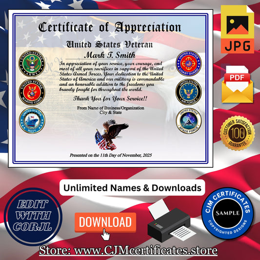 Custom Veteran Appreciation Certificates for Veterans Day: Edit & Download 056