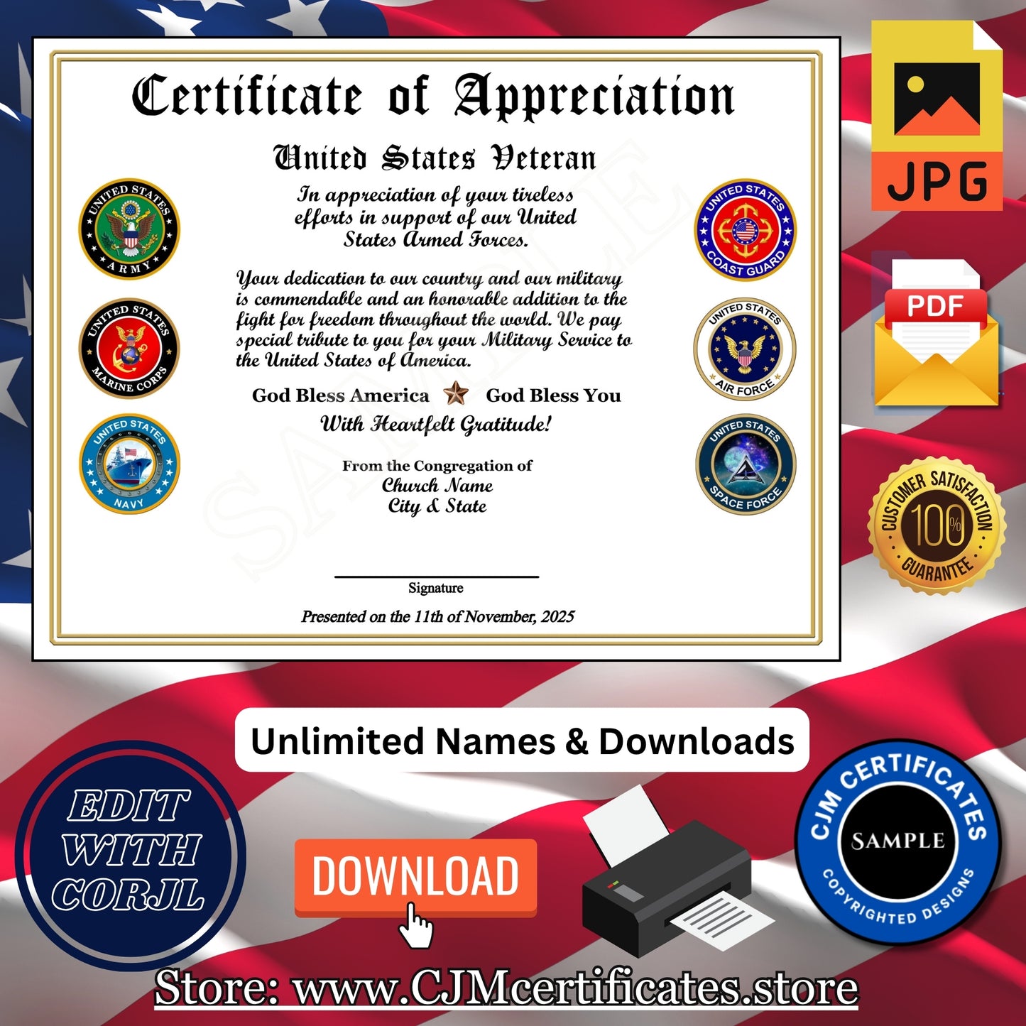 Custom Ministry Veteran Certificates: Edit & Download 058