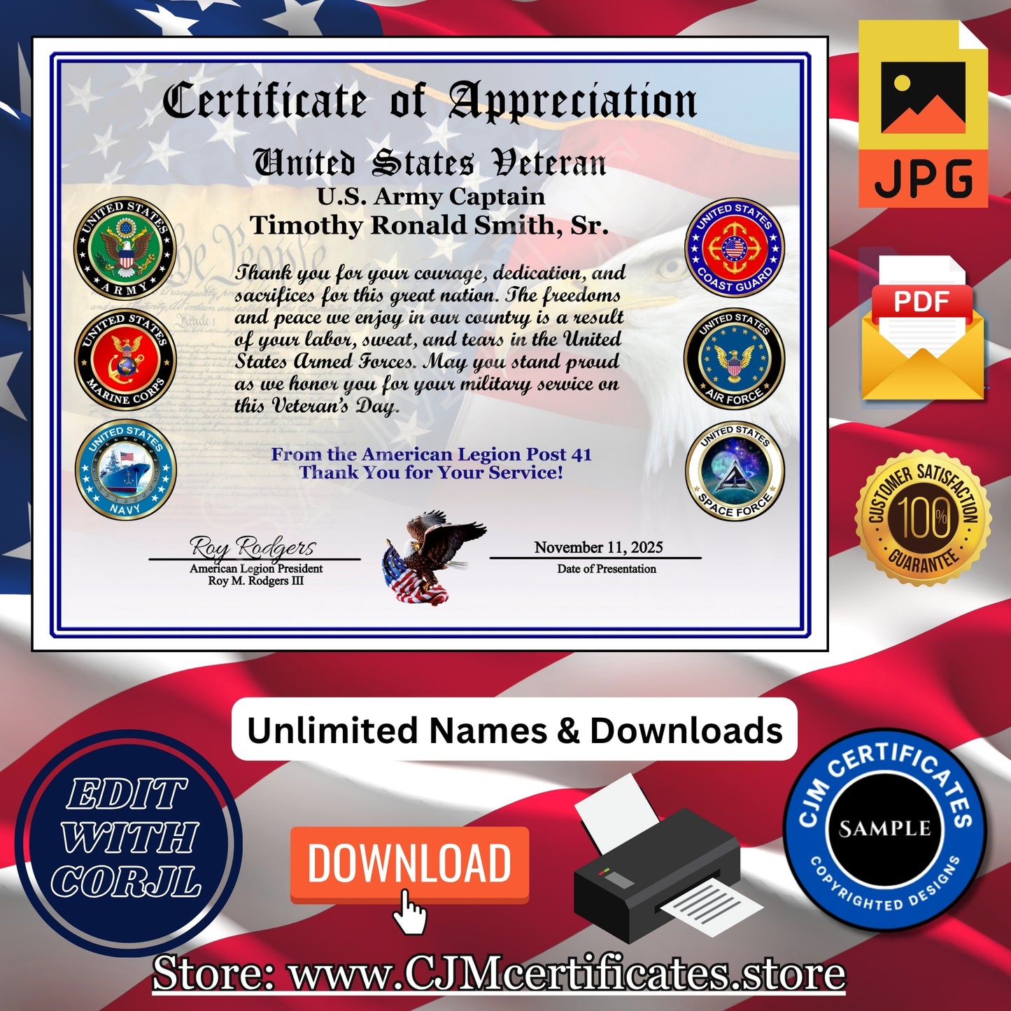 Custom Veteran Certificates: (2 Designs Attached) Edit & Download 018