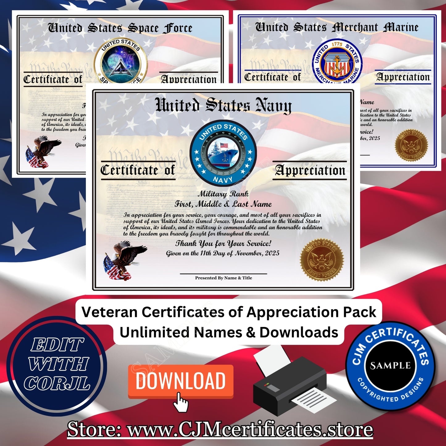 Custom Veteran Certificates Pack for Veterans Day Gifts: Edit & Download 003
