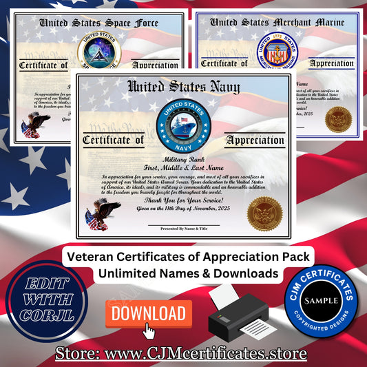 Custom Veteran Certificates Pack for Veterans Day Gifts: Edit & Download 003
