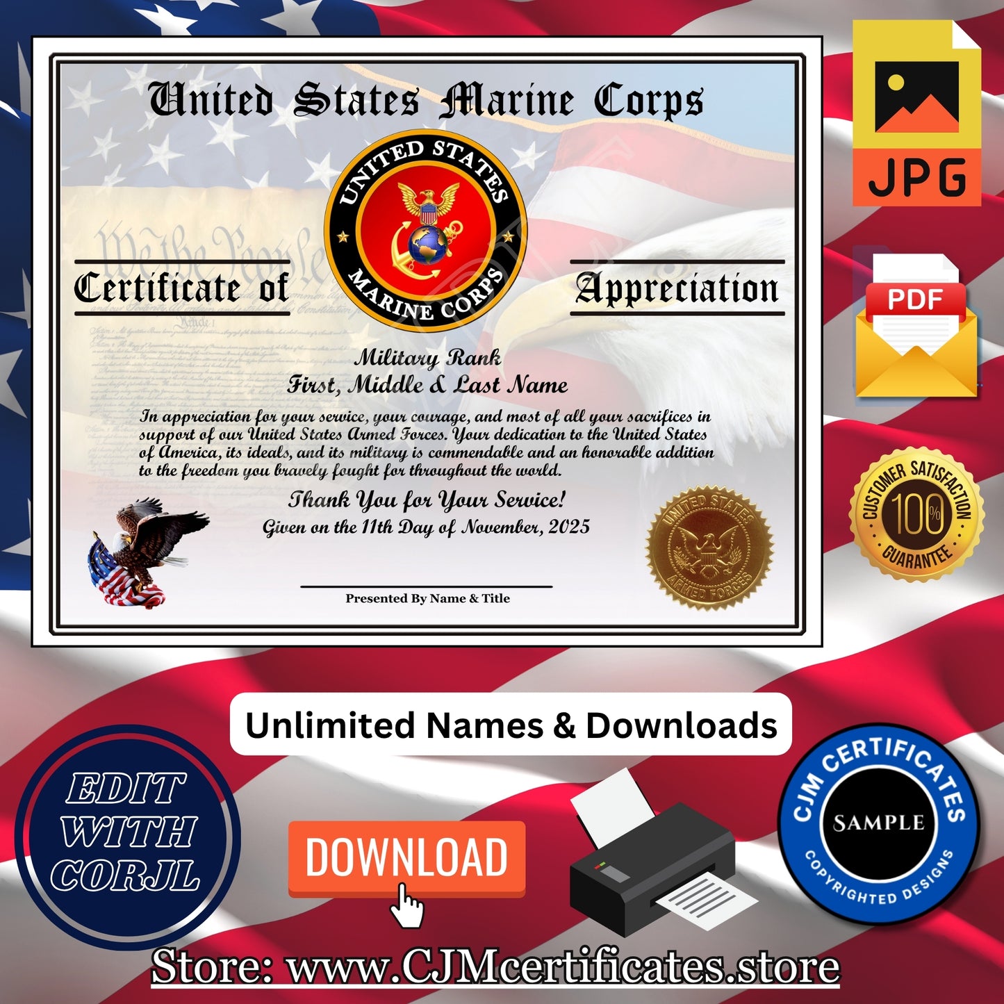 Custom Veteran Certificates Pack for Veterans Day Gifts: Edit & Download 003
