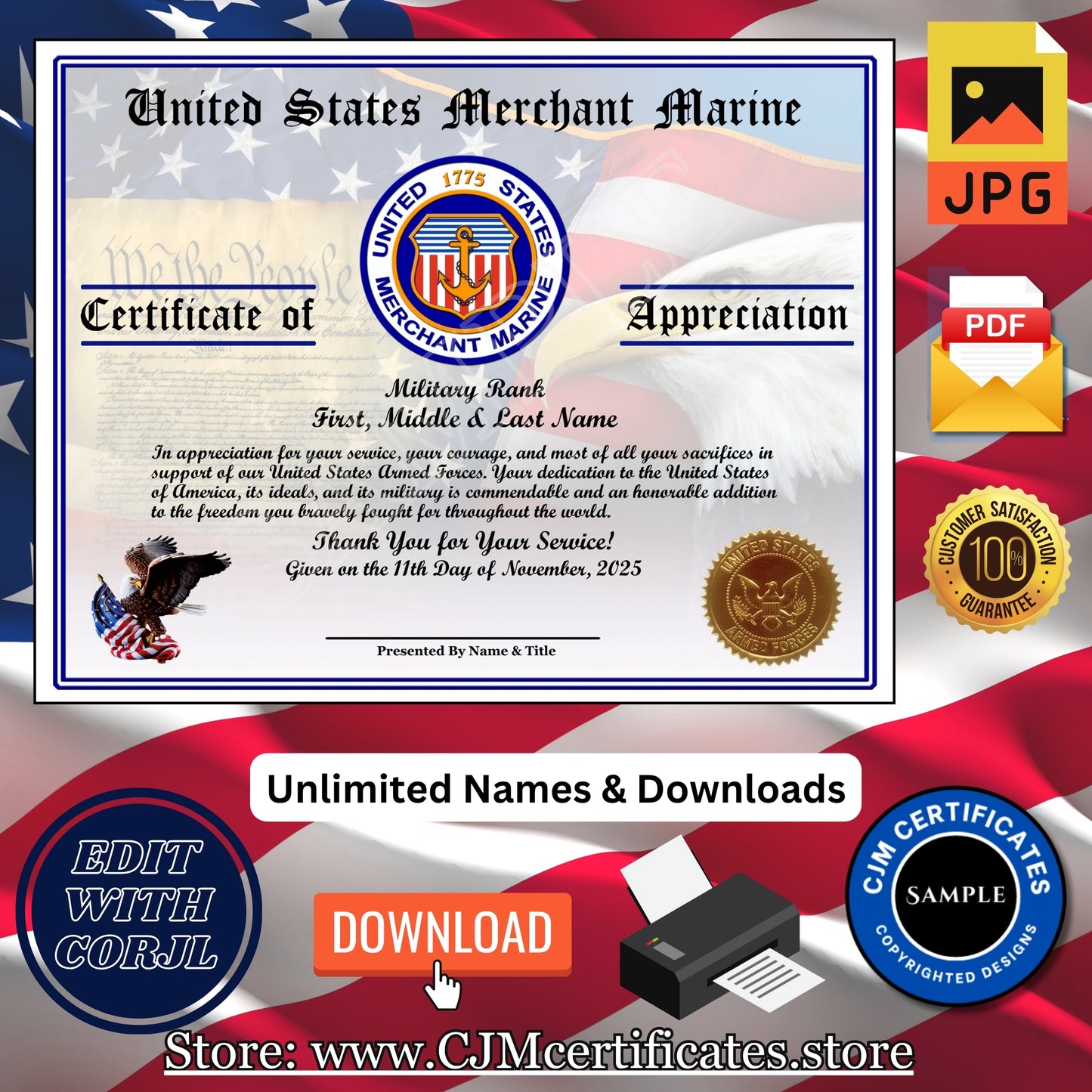 Custom Veteran Certificates Pack for Veterans Day Gifts: Edit & Download 003