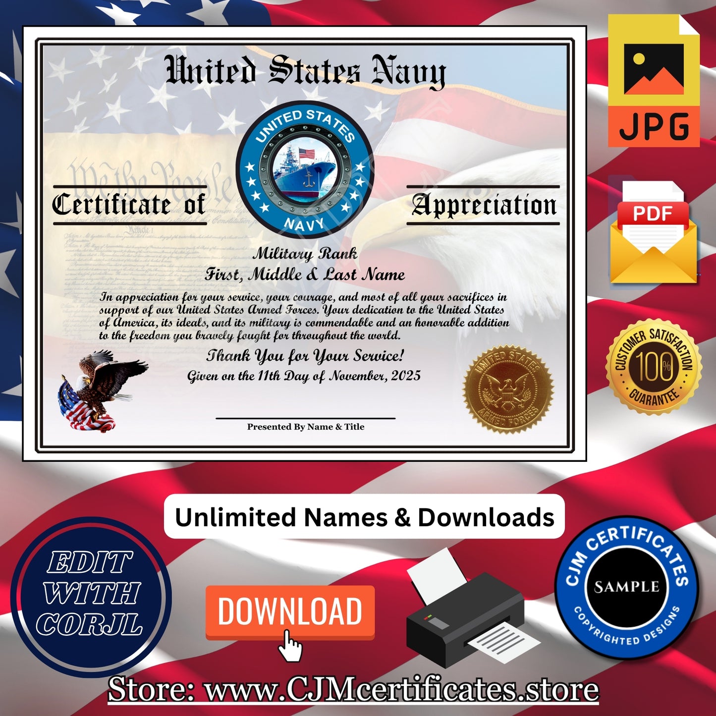 Custom Veteran Certificates Pack for Veterans Day Gifts: Edit & Download 003